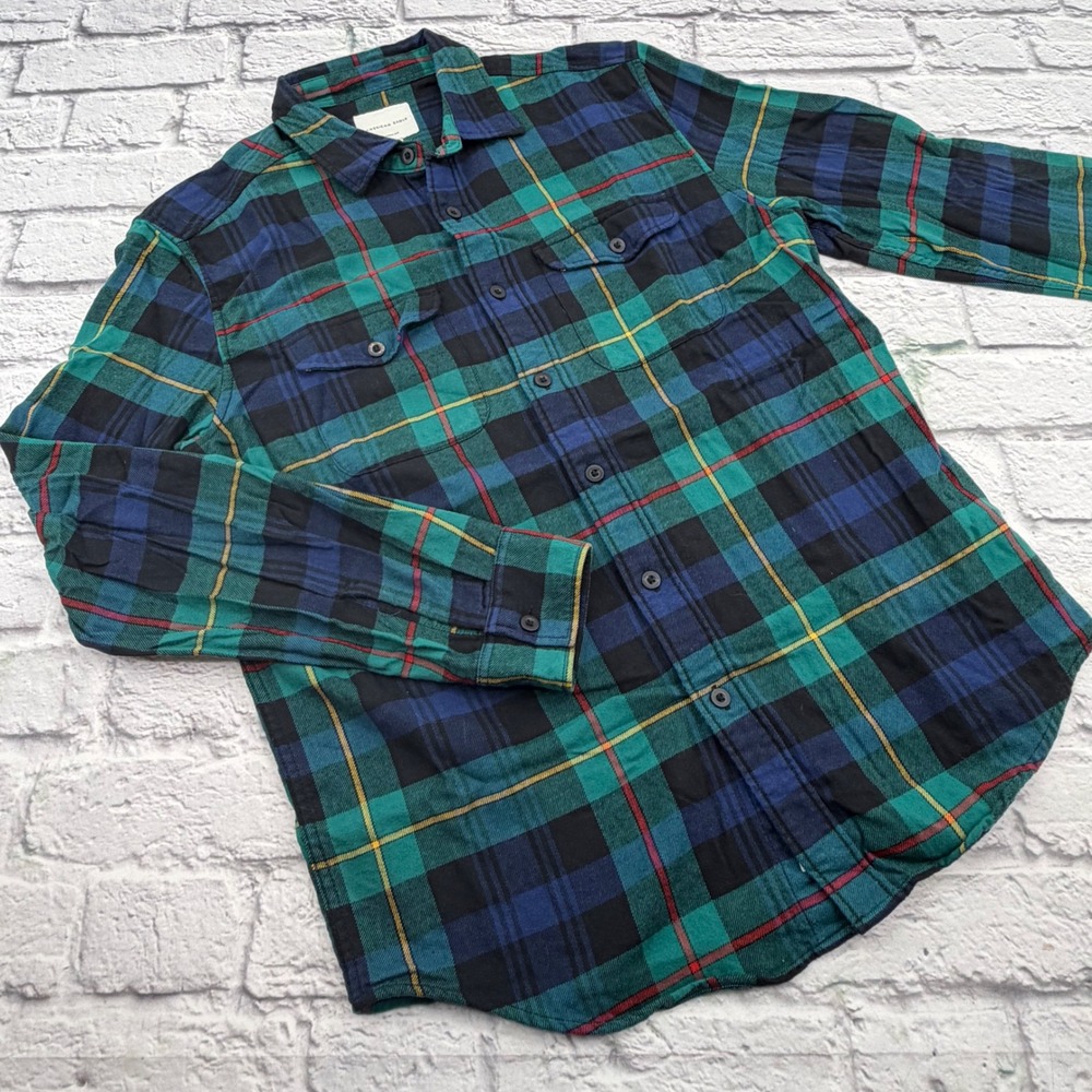 American Eagle Mens Classic Fit Flannel Shirt Green Blue Plaid Medium